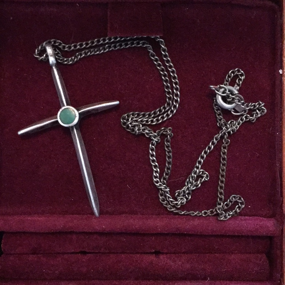 Vintage silver cross with green stone